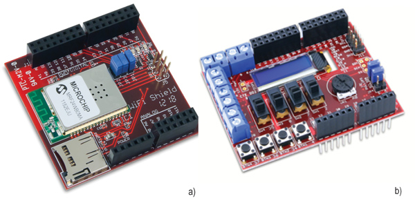 Digilent’s Wi-Fi Shield (a) and general-purpose I/O shield (b) Digilent’s Wi-Fi Shield (a) and general-purpose I/O shield (b)